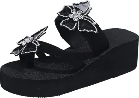 Casual Shoes Women Rhinestone Butterfly Platform Flip Flops Wedge Sandals Summer Beach Slippers Open Toe Casual Slides (Black, 9.5)
