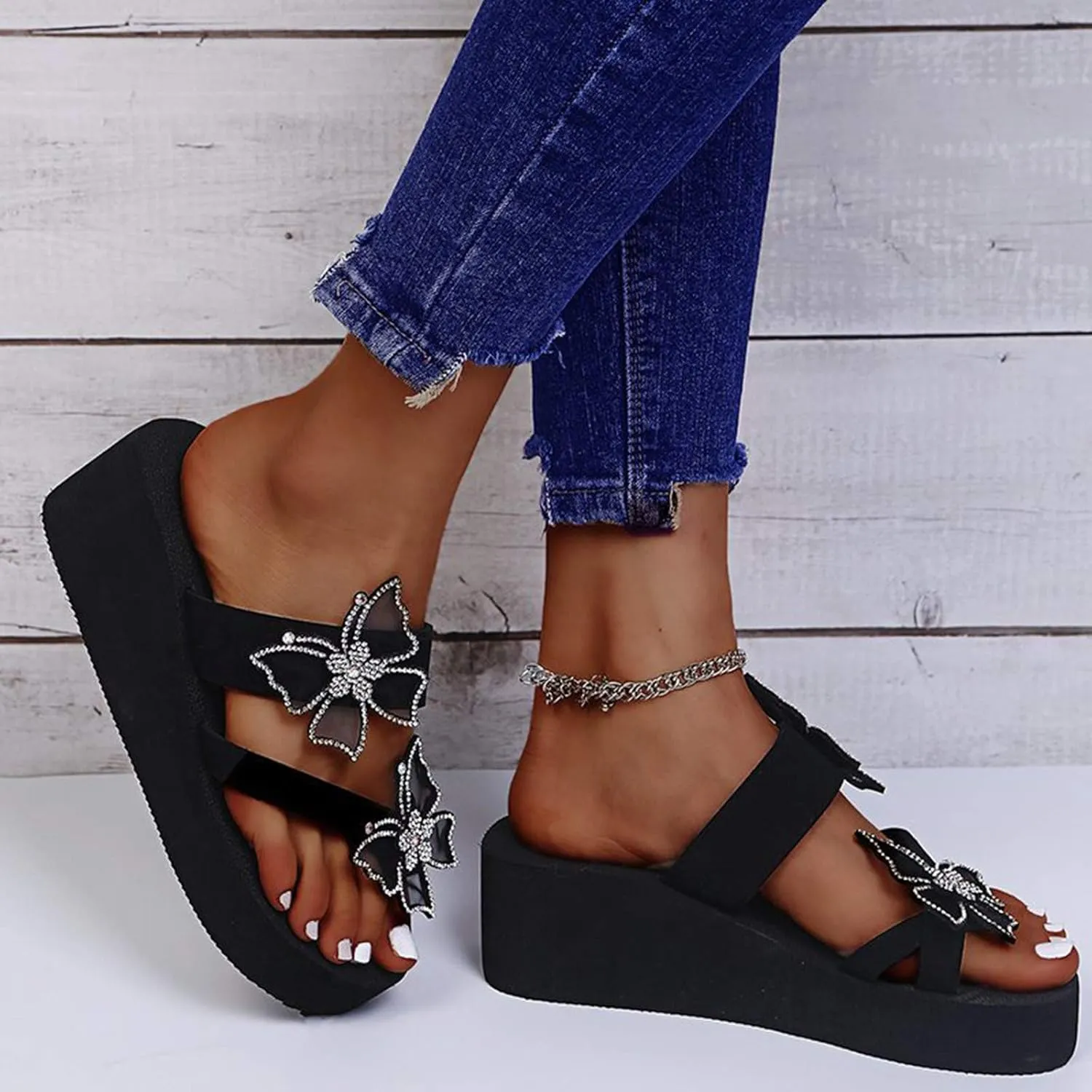 Casual Shoes Women Rhinestone Butterfly Platform Flip Flops Wedge Sandals Summer Beach Slippers Open Toe Casual Slides (Black, 9.5)