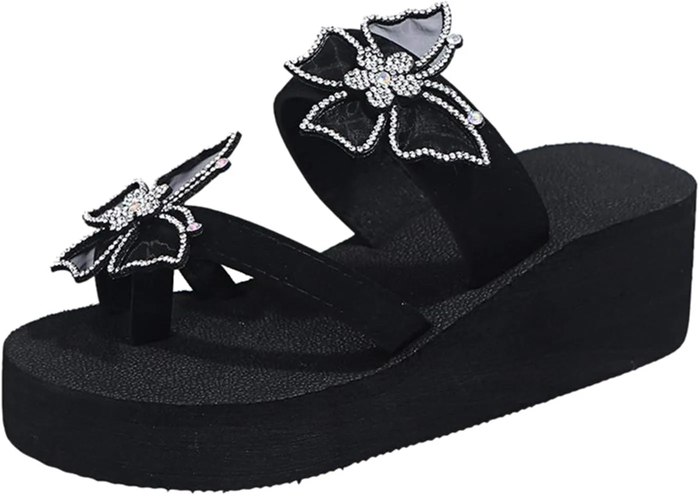 Casual Shoes Women Rhinestone Butterfly Platform Flip Flops Wedge Sandals Summer Beach Slippers Open Toe Casual Slides (Black, 9.5)