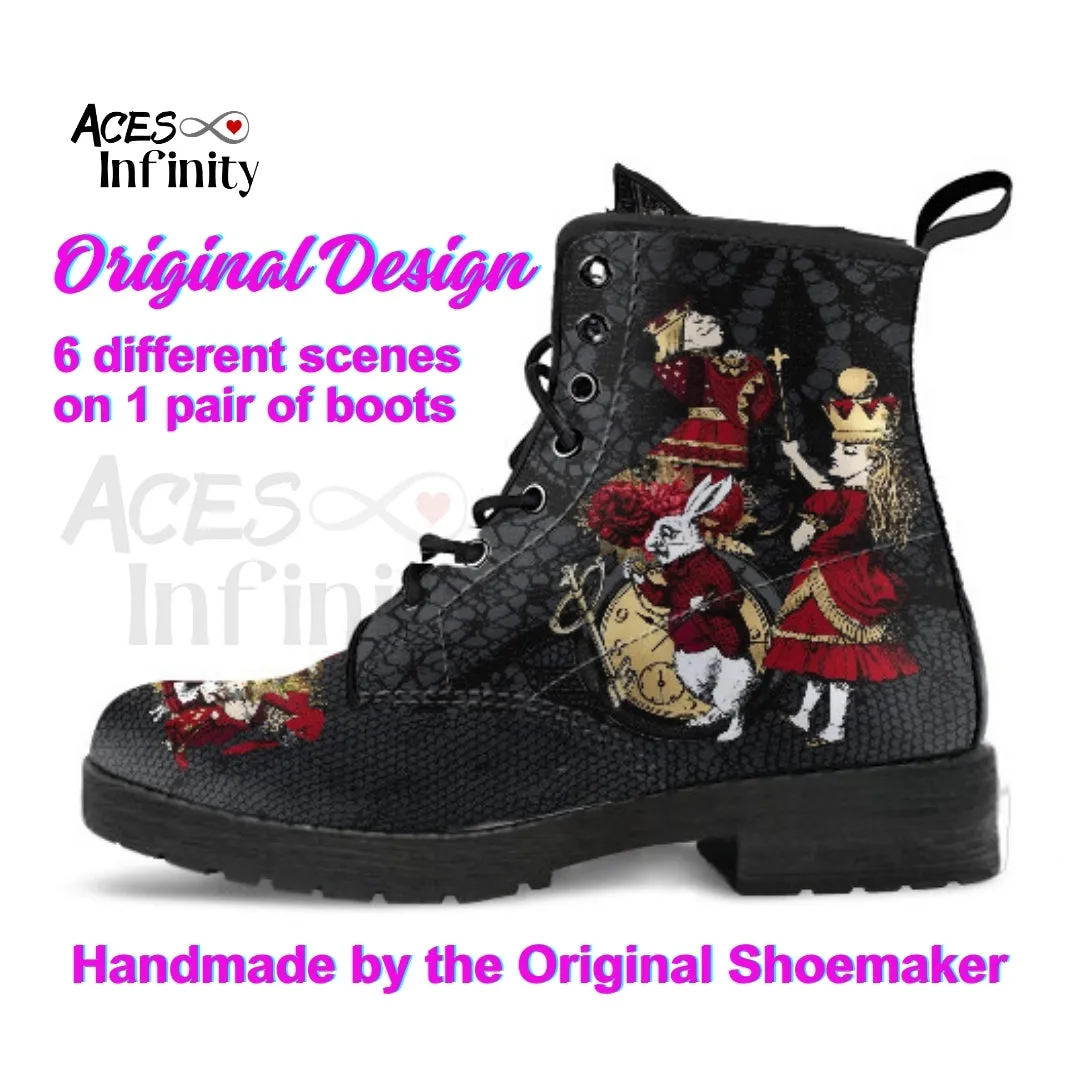 Combat Boots - Alice in Wonderland Gifts #301 Red Series (NEW), Black Lace Print | Birthday Gift Idea, Black Hipster Boots, Custom Shoes
