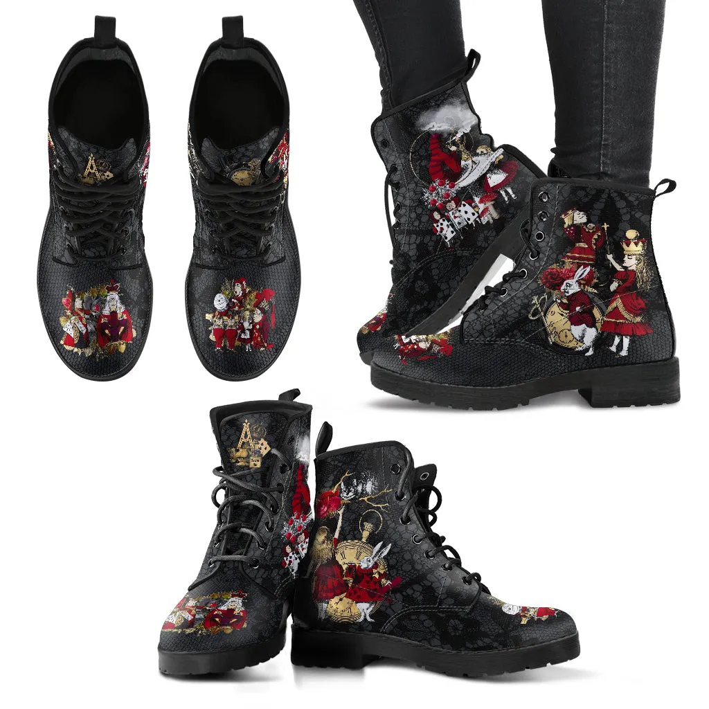 Combat Boots - Alice in Wonderland Gifts #301 Red Series (NEW), Black Lace Print | Birthday Gift Idea, Black Hipster Boots, Custom Shoes