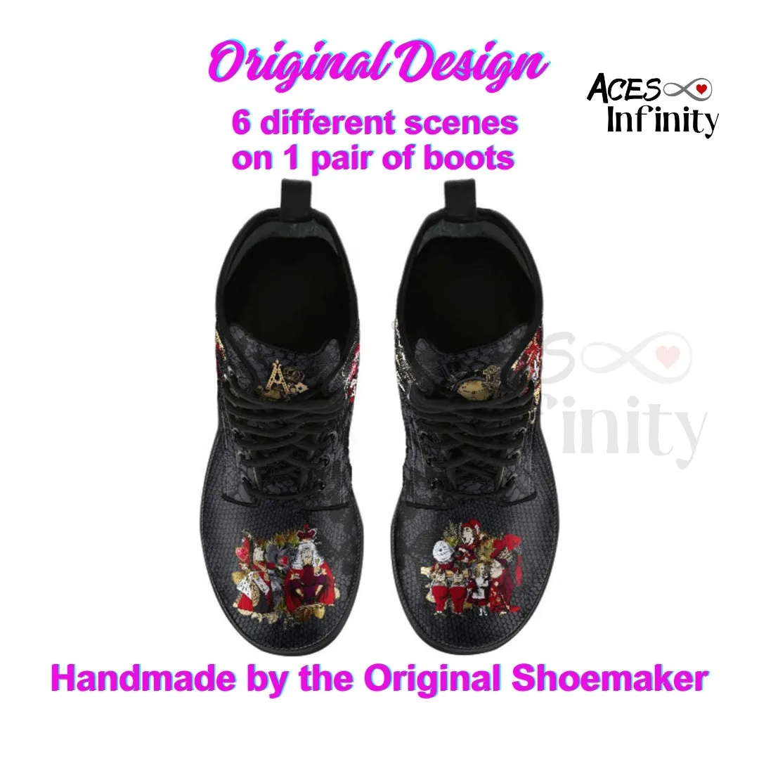 Combat Boots - Alice in Wonderland Gifts #301 Red Series (NEW), Black Lace Print | Birthday Gift Idea, Black Hipster Boots, Custom Shoes