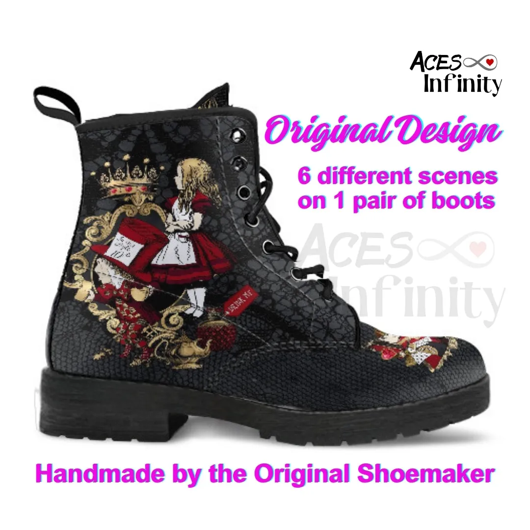 Combat Boots - Alice in Wonderland Gifts #301 Red Series (NEW), Black Lace Print | Birthday Gift Idea, Black Hipster Boots, Custom Shoes