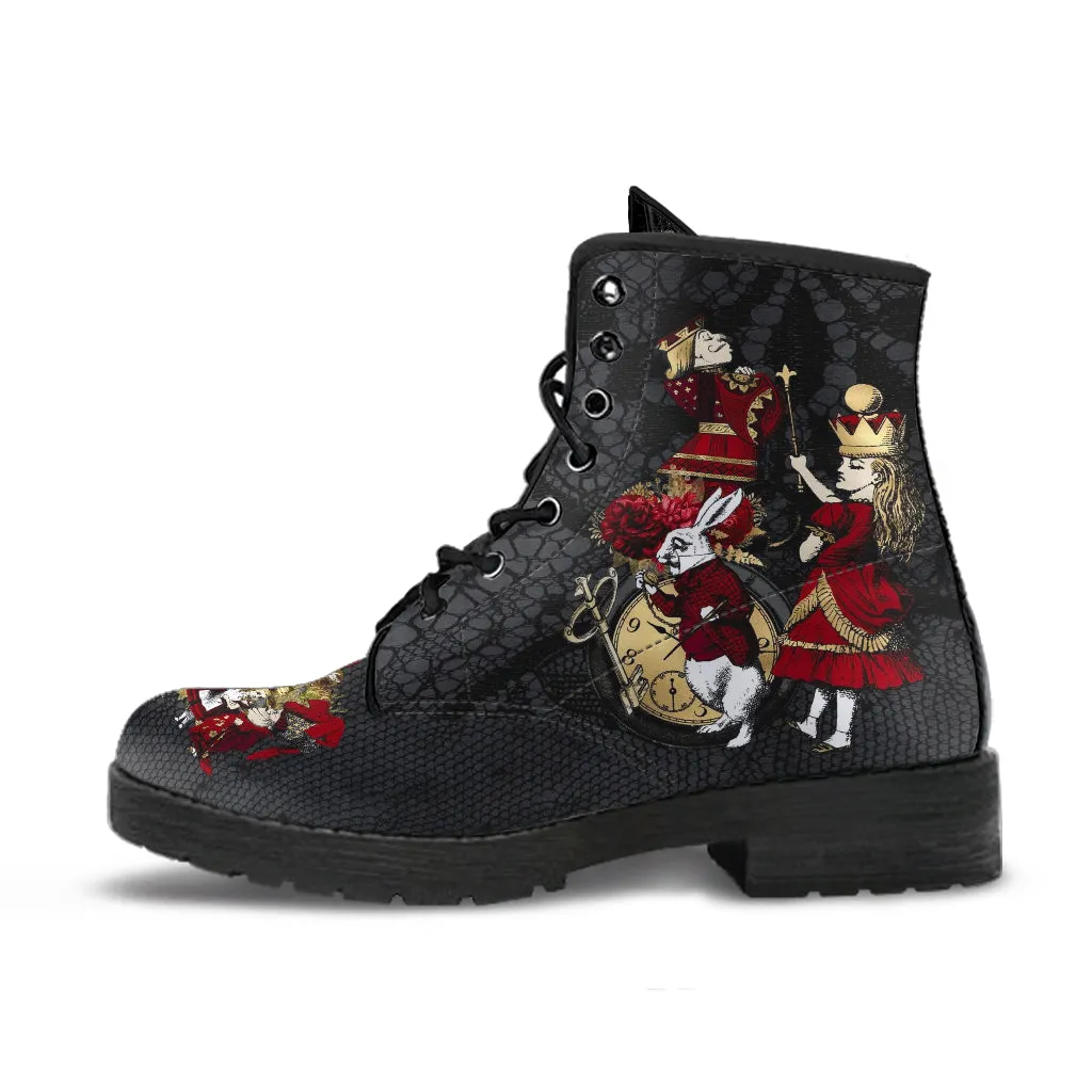 Combat Boots - Alice in Wonderland Gifts #301 Red Series (NEW), Black Lace Print | Birthday Gift Idea, Black Hipster Boots, Custom Shoes