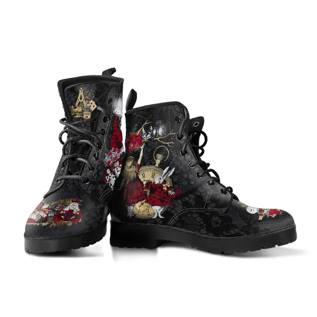 Combat Boots - Alice in Wonderland Gifts #301 Red Series (NEW), Black Lace Print | Birthday Gift Idea, Black Hipster Boots, Custom Shoes