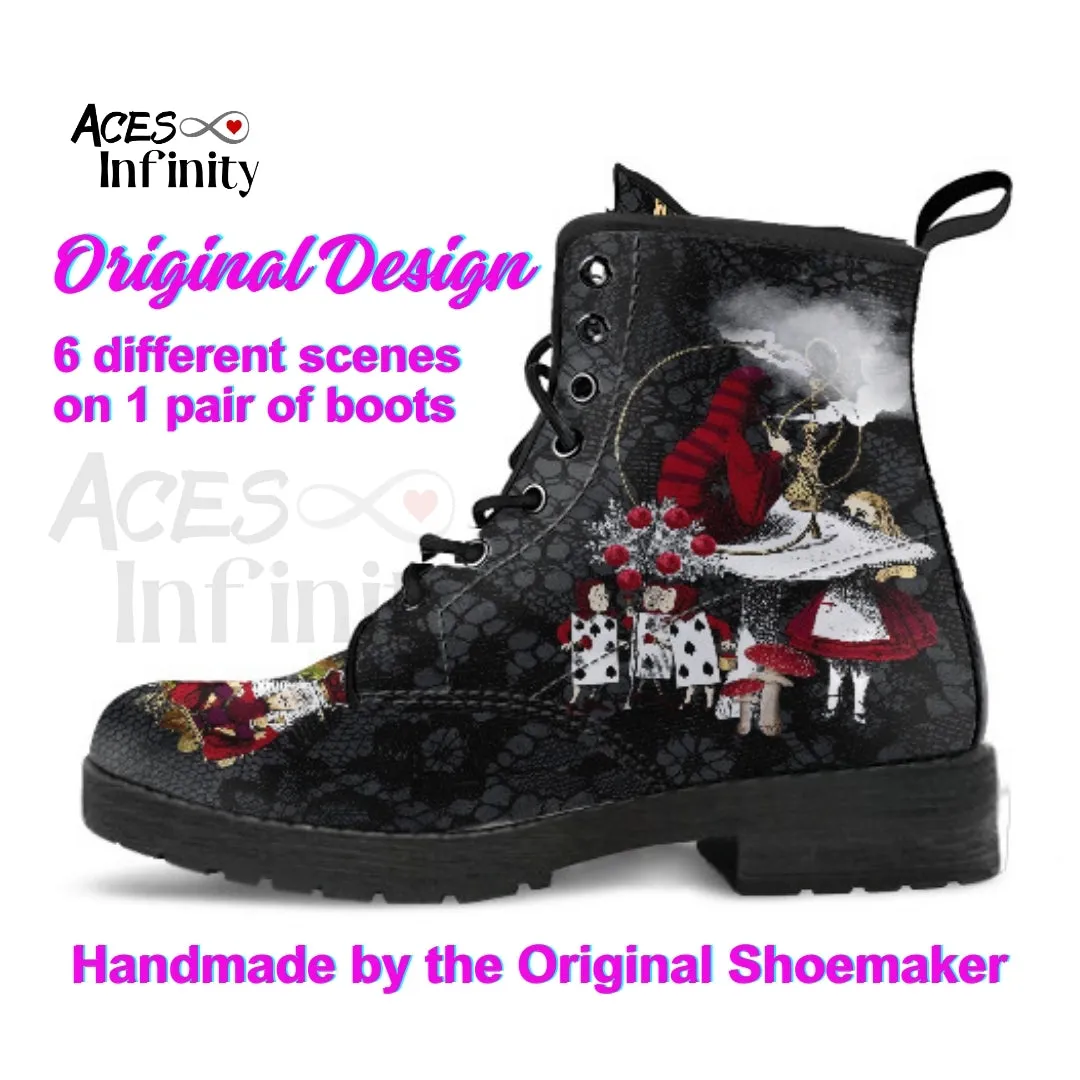 Combat Boots - Alice in Wonderland Gifts #301 Red Series (NEW), Black Lace Print | Birthday Gift Idea, Black Hipster Boots, Custom Shoes