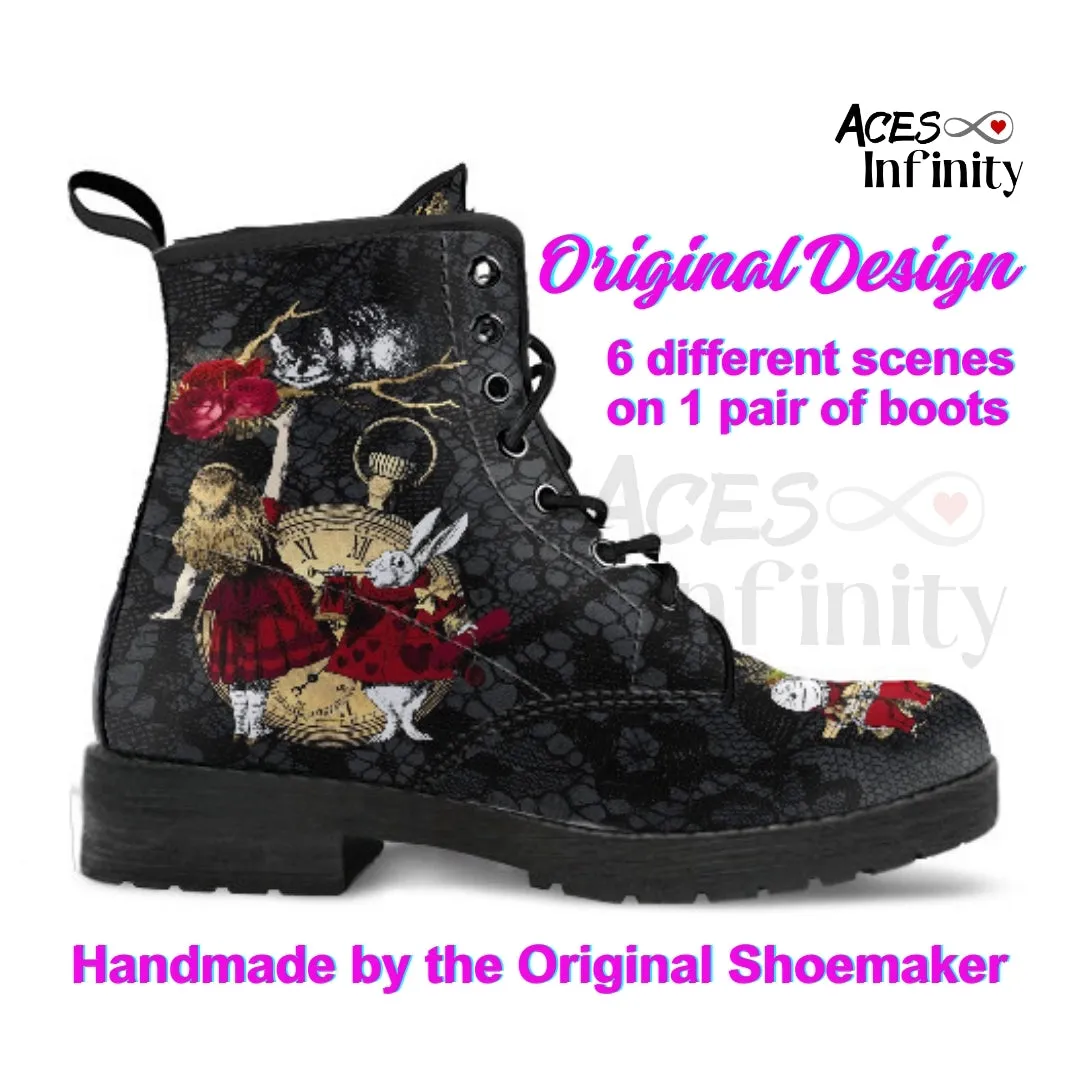 Combat Boots - Alice in Wonderland Gifts #301 Red Series (NEW), Black Lace Print | Birthday Gift Idea, Black Hipster Boots, Custom Shoes