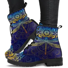 Combat Boots for Women - Mandala Dragonfly Colorful Handcrafted Boots | Unique Custom Faux Leather Shoes, Cruelty-free Vegan Handmade Lace Up
