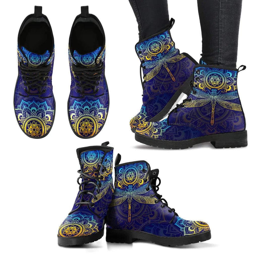 Combat Boots for Women - Mandala Dragonfly Colorful Handcrafted Boots | Unique Custom Faux Leather Shoes, Cruelty-free Vegan Handmade Lace Up