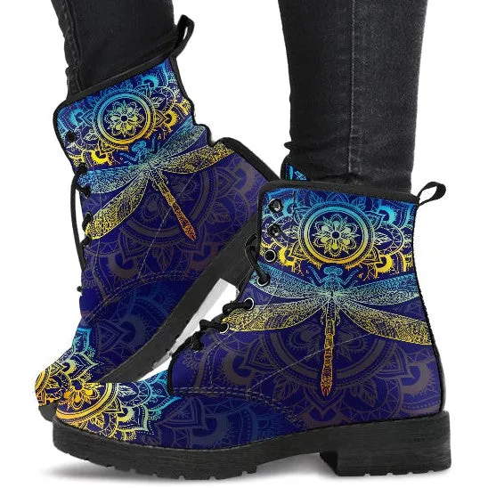 Combat Boots for Women - Mandala Dragonfly Colorful Handcrafted Boots | Unique Custom Faux Leather Shoes, Cruelty-free Vegan Handmade Lace Up