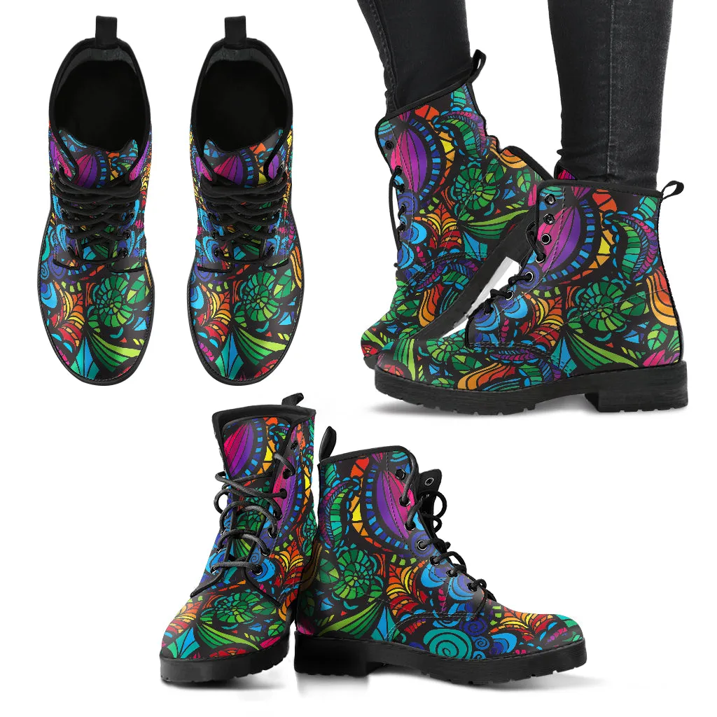Combat Boots for Women - Mosaic Flower Handcrafted Boots