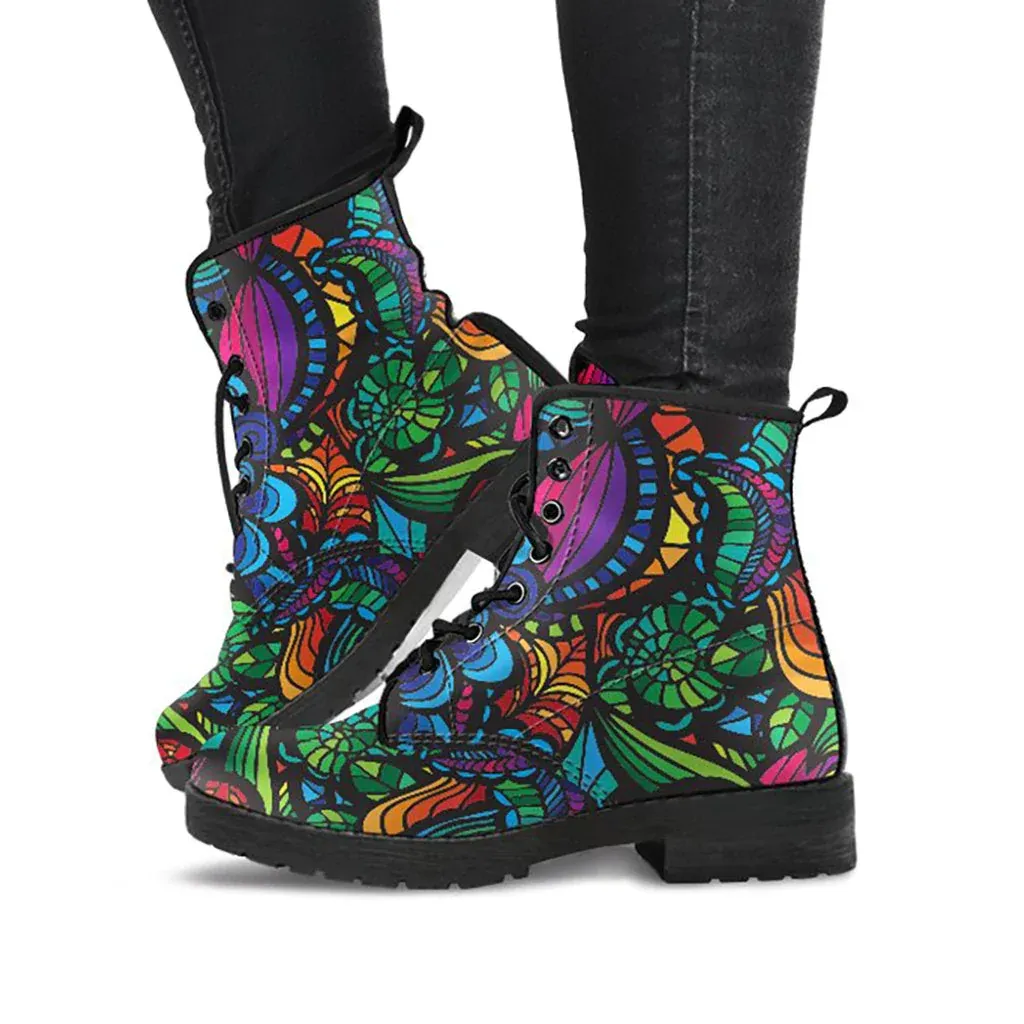 Combat Boots for Women - Mosaic Flower Handcrafted Boots