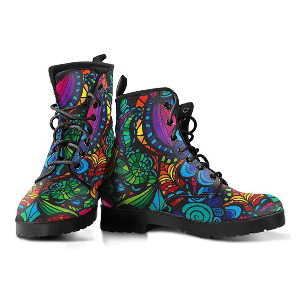 Combat Boots for Women - Mosaic Flower Handcrafted Boots