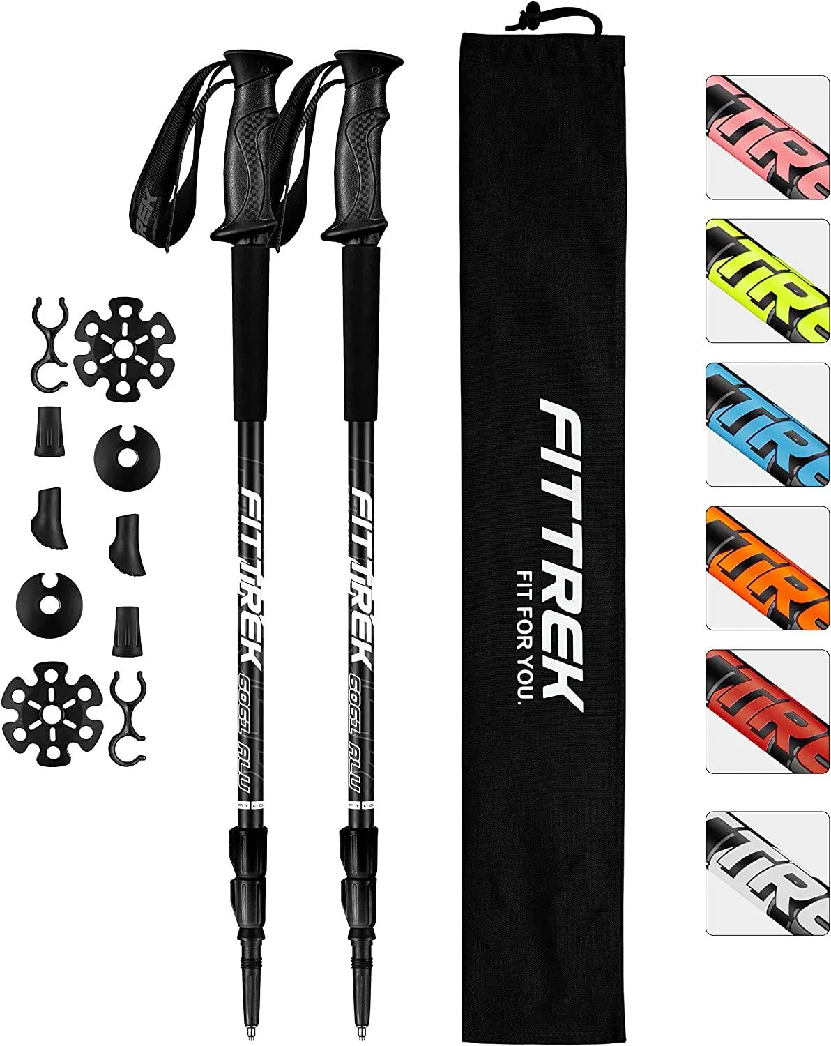 FitTrek Carbon Fiber Trekking Poles: Lightweight, Telescopic, and Versatile - Perfect for Hiking and Nordic Walking. Includes Rubber Tips, Pole Bag, 2 Pairs