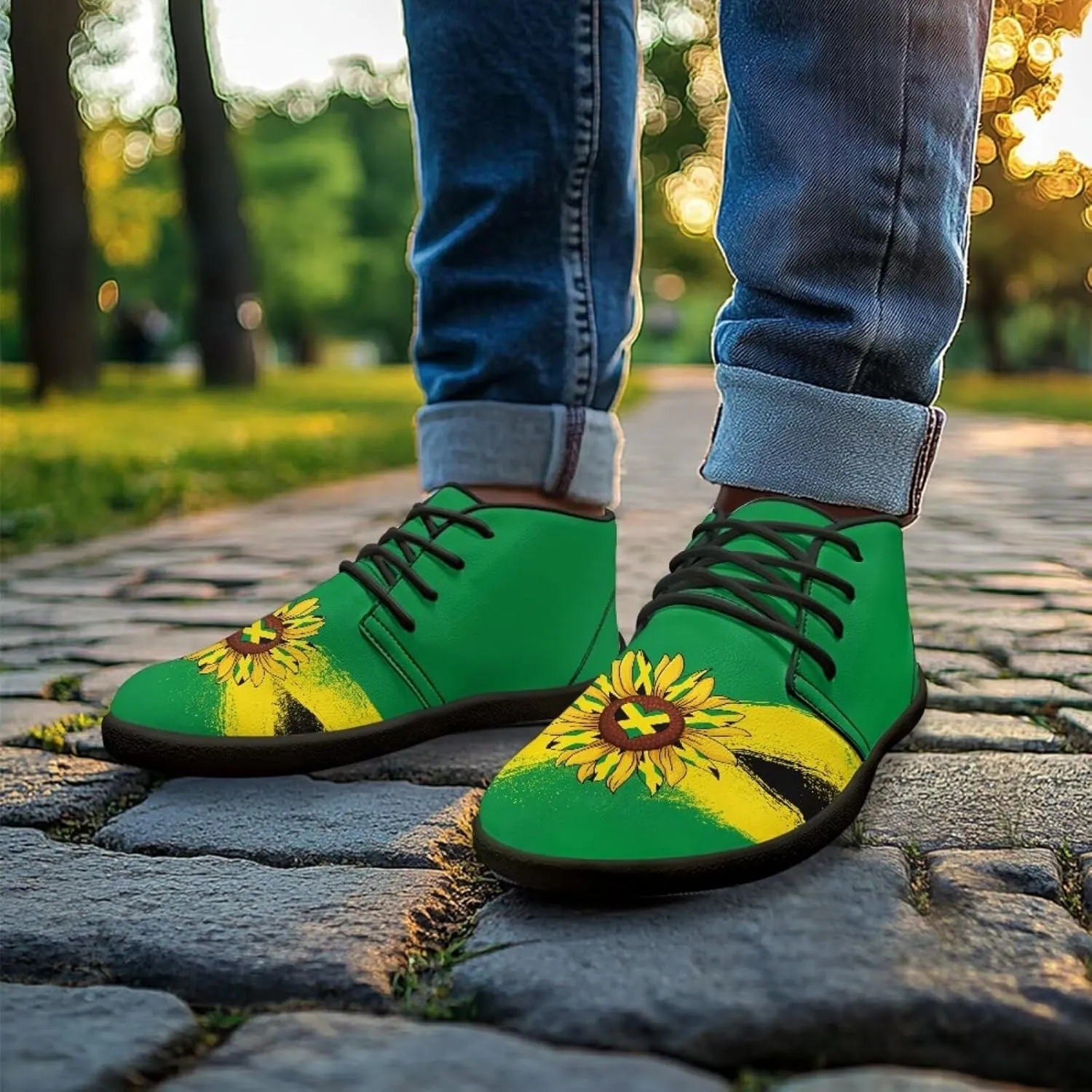 Forchrinse American Flag Mens Boots Mid Top Fashion Sneakers Leather Lace up Ankle Boots Walking Driving Shoes with Eva Sole