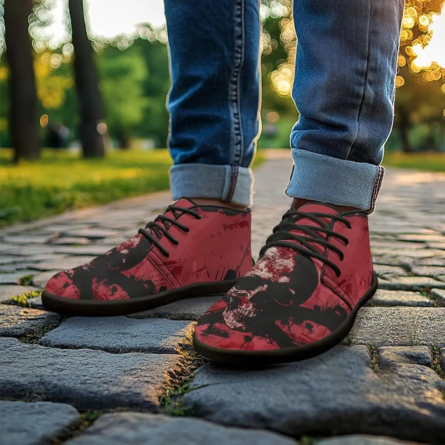Forchrinse Blood Skull Mens Boots Fashion Sneakers Leather Mid Top Ankle Boots Lace up Walking Driving Shoes with Eva Sole