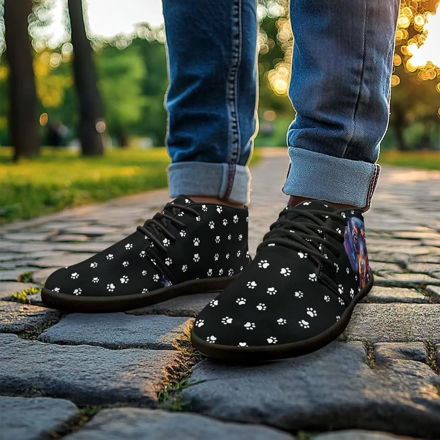 Forchrinse Dachshund on Leopard Print Chukka Boots for Men Leather Loafer Lace up Walking Shoes Lightweight Wide Toe Dress,US 6-14