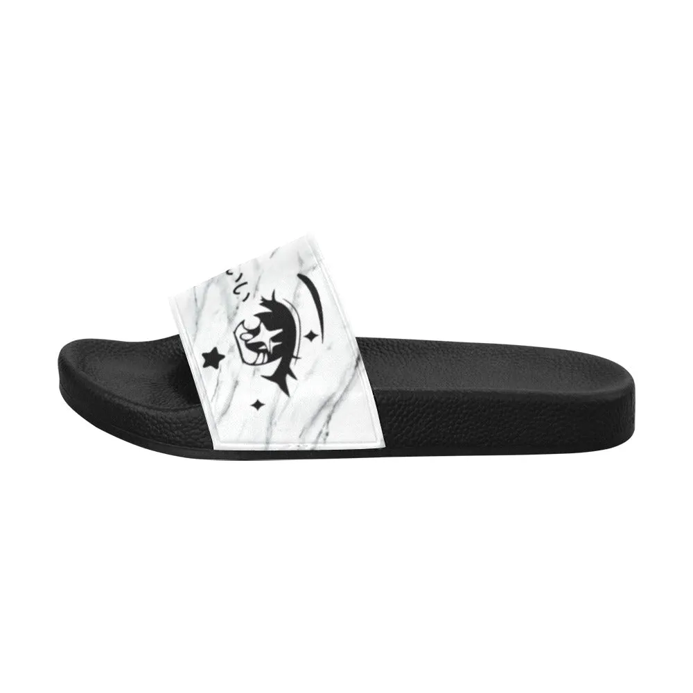 Kawaii Anime Eyes White Marble Women's Slide Sandals
