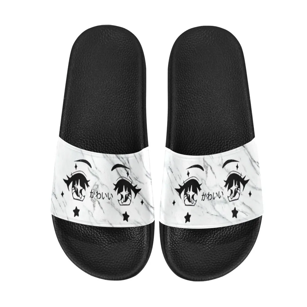 Kawaii Anime Eyes White Marble Women's Slide Sandals