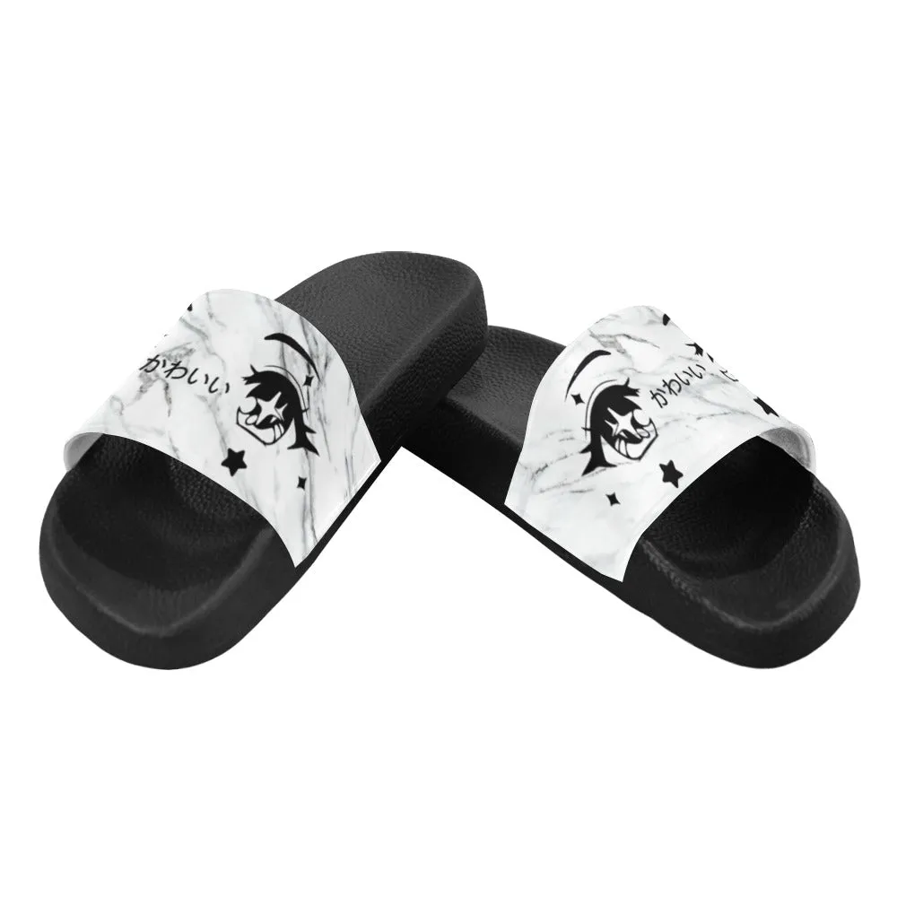 Kawaii Anime Eyes White Marble Women's Slide Sandals