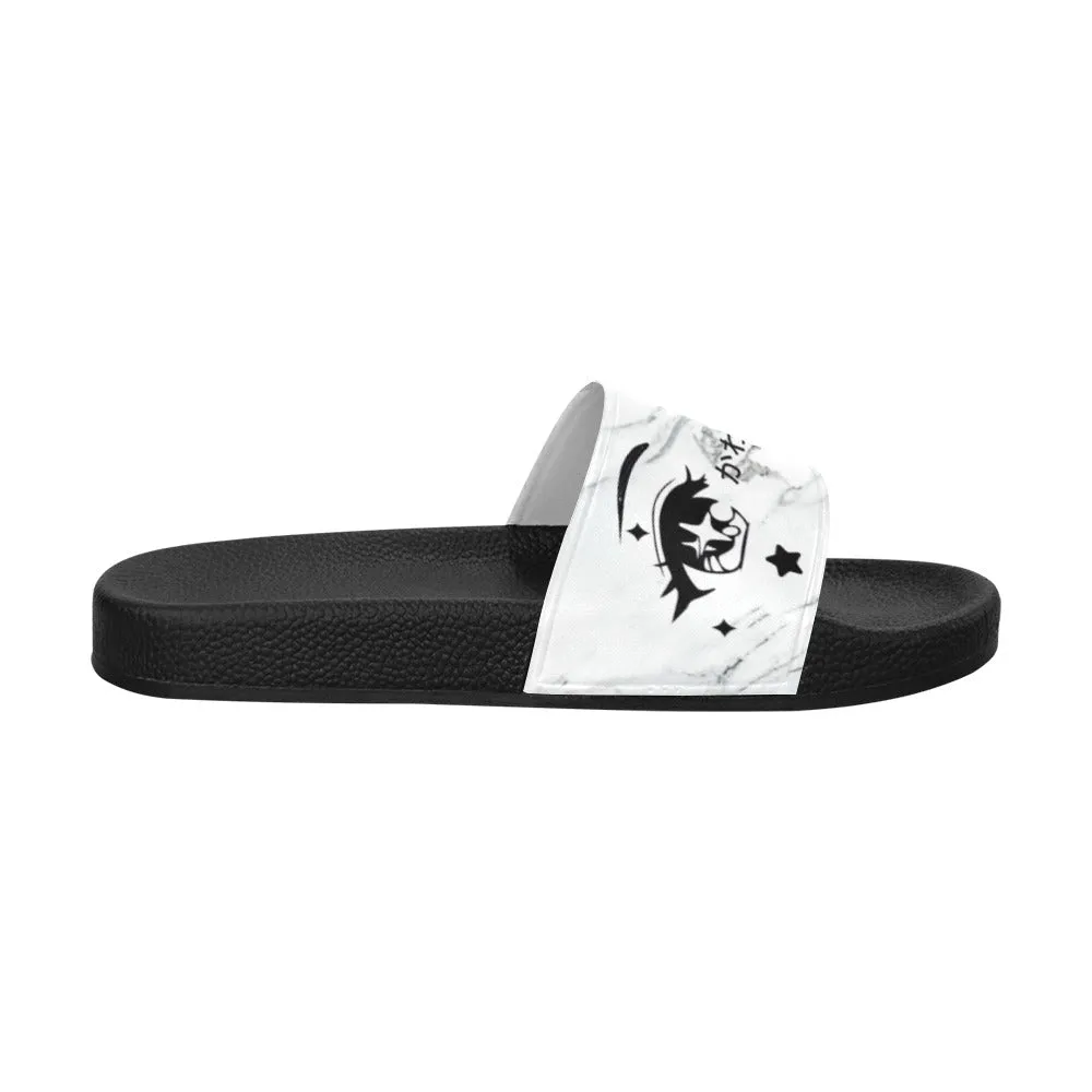 Kawaii Anime Eyes White Marble Women's Slide Sandals