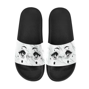 Kawaii Anime Eyes White Marble Women's Slide Sandals