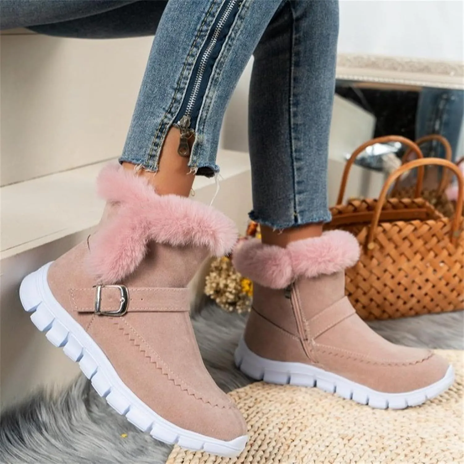 Ladmiple Snow Boots For Women Cute Wide Calf Casual Slip-on Warm Loafers Shoes Fur-Lined Comfortable Winter Ankle Booties