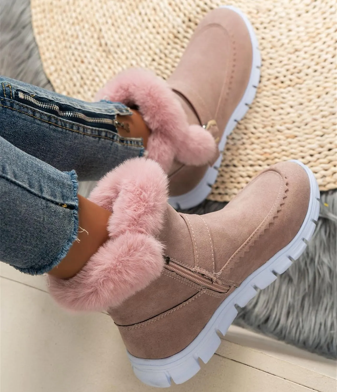 Ladmiple Snow Boots For Women Cute Wide Calf Casual Slip-on Warm Loafers Shoes Fur-Lined Comfortable Winter Ankle Booties