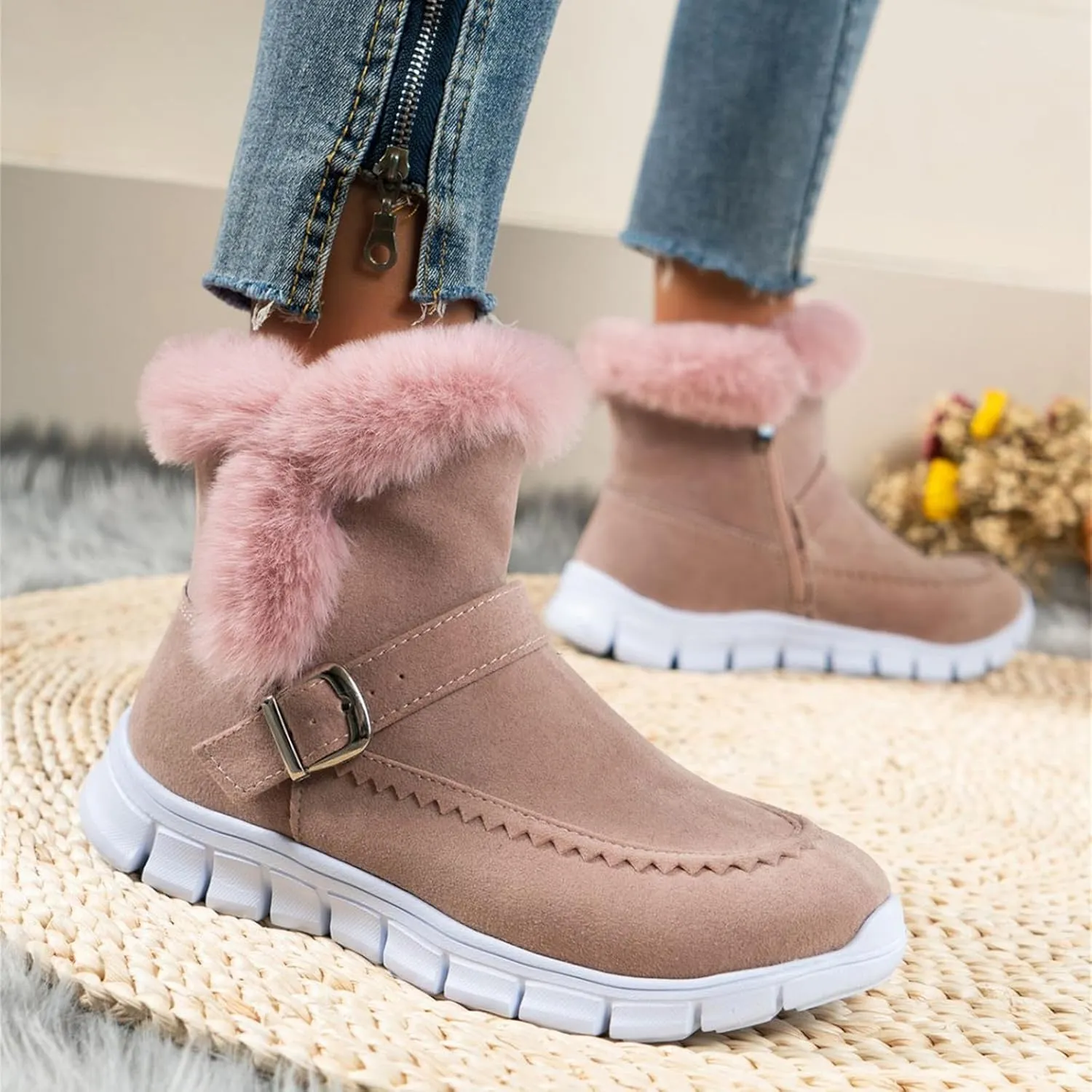 Ladmiple Snow Boots For Women Cute Wide Calf Casual Slip-on Warm Loafers Shoes Fur-Lined Comfortable Winter Ankle Booties