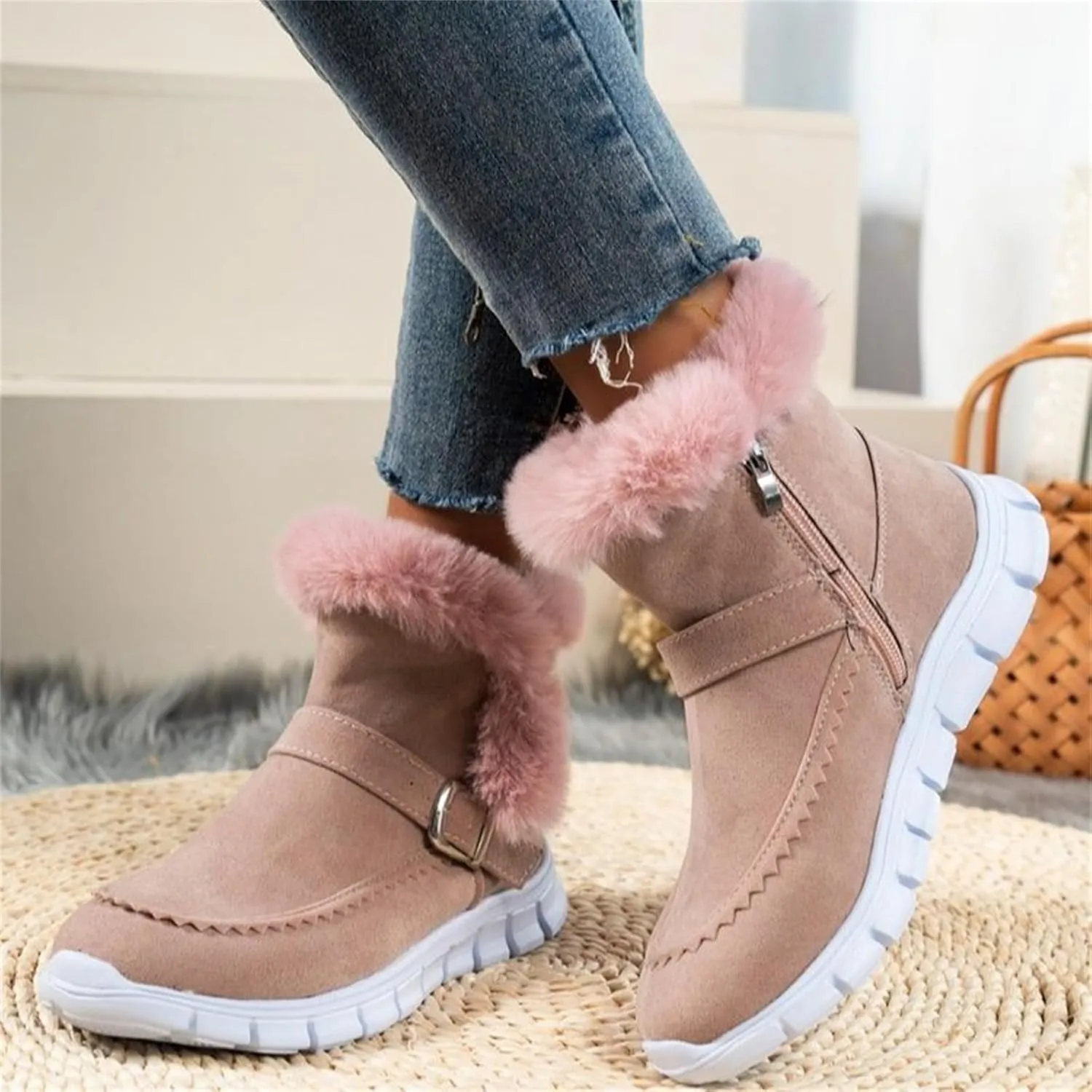 Ladmiple Snow Boots For Women Cute Wide Calf Casual Slip-on Warm Loafers Shoes Fur-Lined Comfortable Winter Ankle Booties