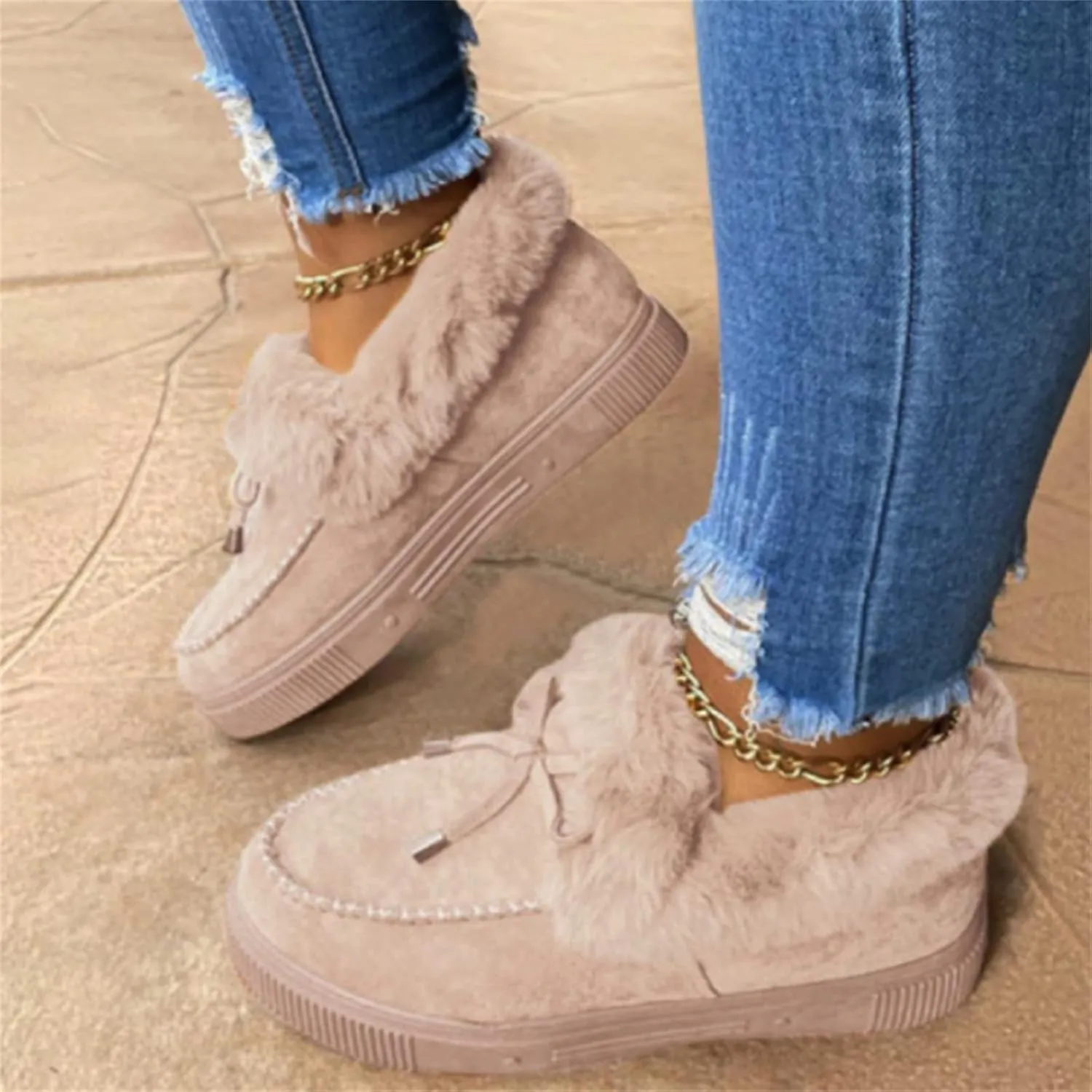 Ladmiple Snow Boots For Women Wide Faux Fur Lined Slip On Winter Warm Ankle Booties Fashion Thickening Outdoor Walking Shoes