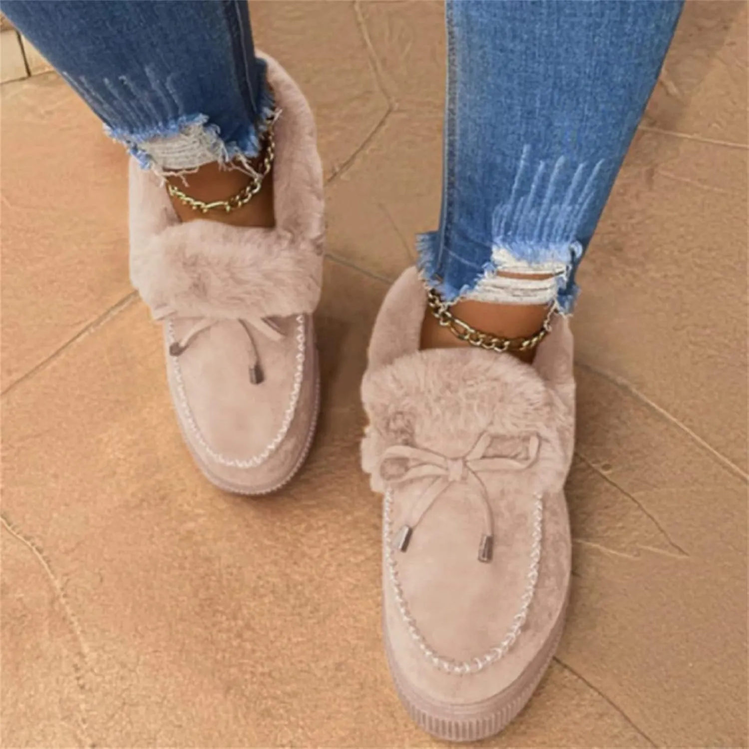 Ladmiple Snow Boots For Women Wide Faux Fur Lined Slip On Winter Warm Ankle Booties Fashion Thickening Outdoor Walking Shoes