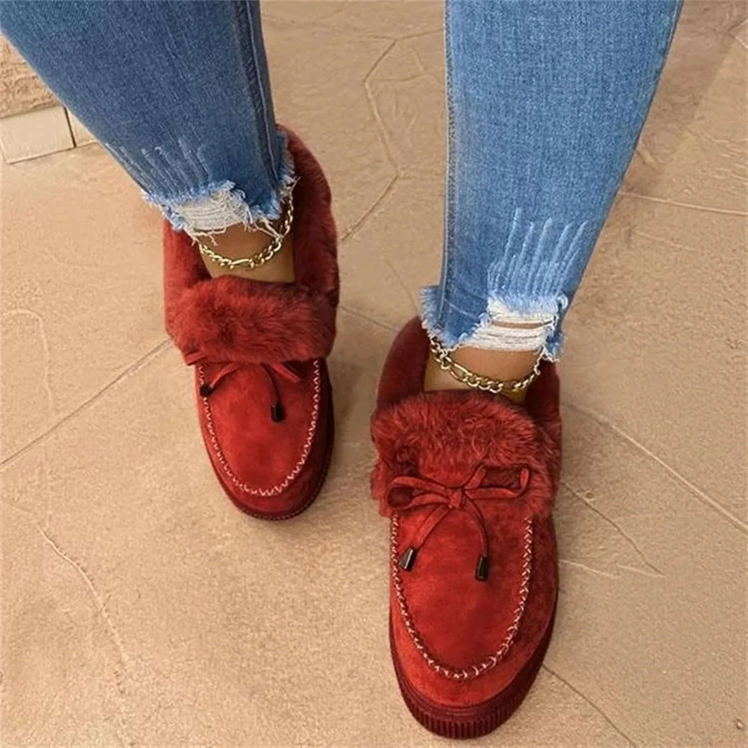 Lausiuoe Snow Boots For Women Cute Wide Calf Fuzzy Ankle Booties Winter Warm Fluffy Silp On Comfort Casual Fashion Loafers