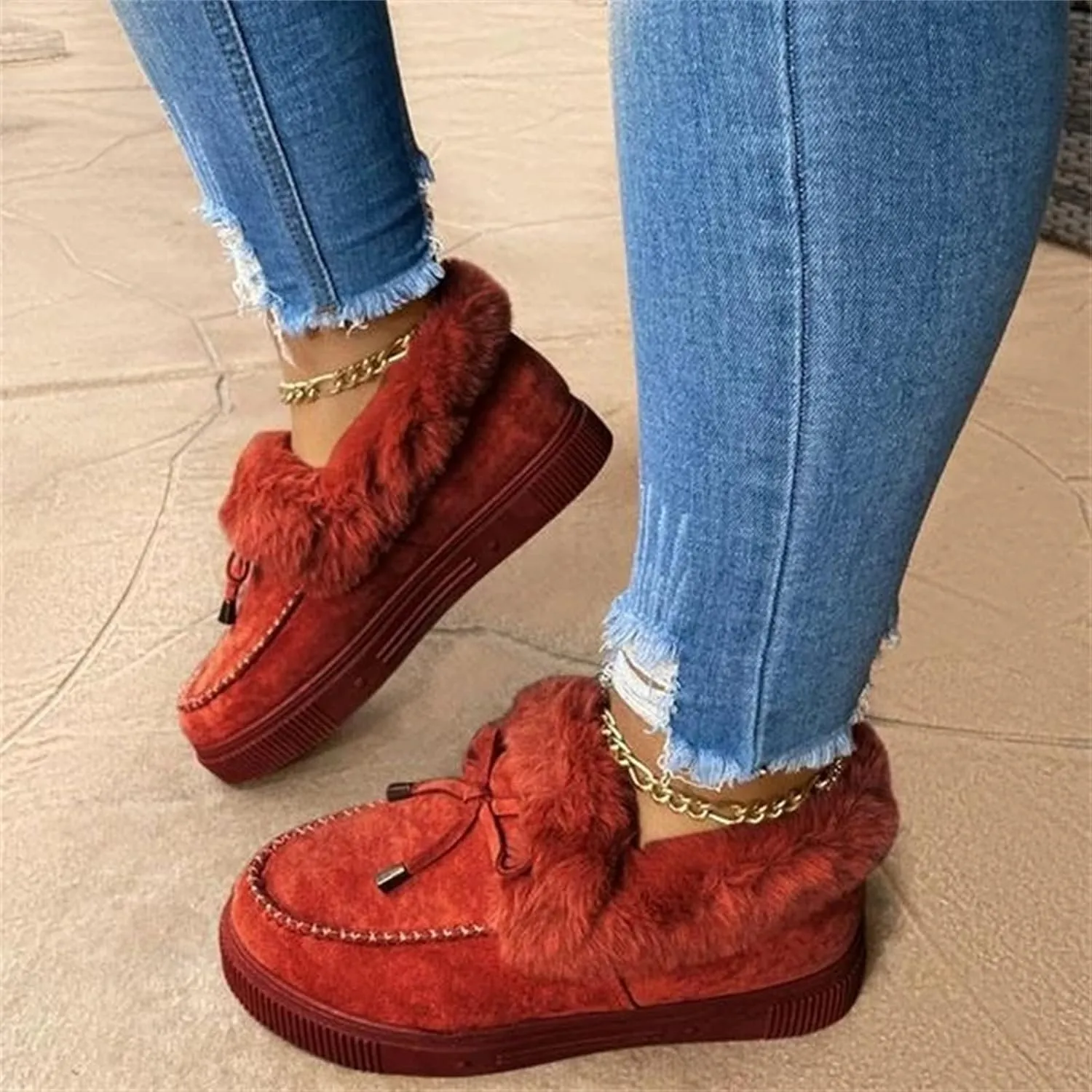 Lausiuoe Snow Boots For Women Cute Wide Calf Fuzzy Ankle Booties Winter Warm Fluffy Silp On Comfort Casual Fashion Loafers