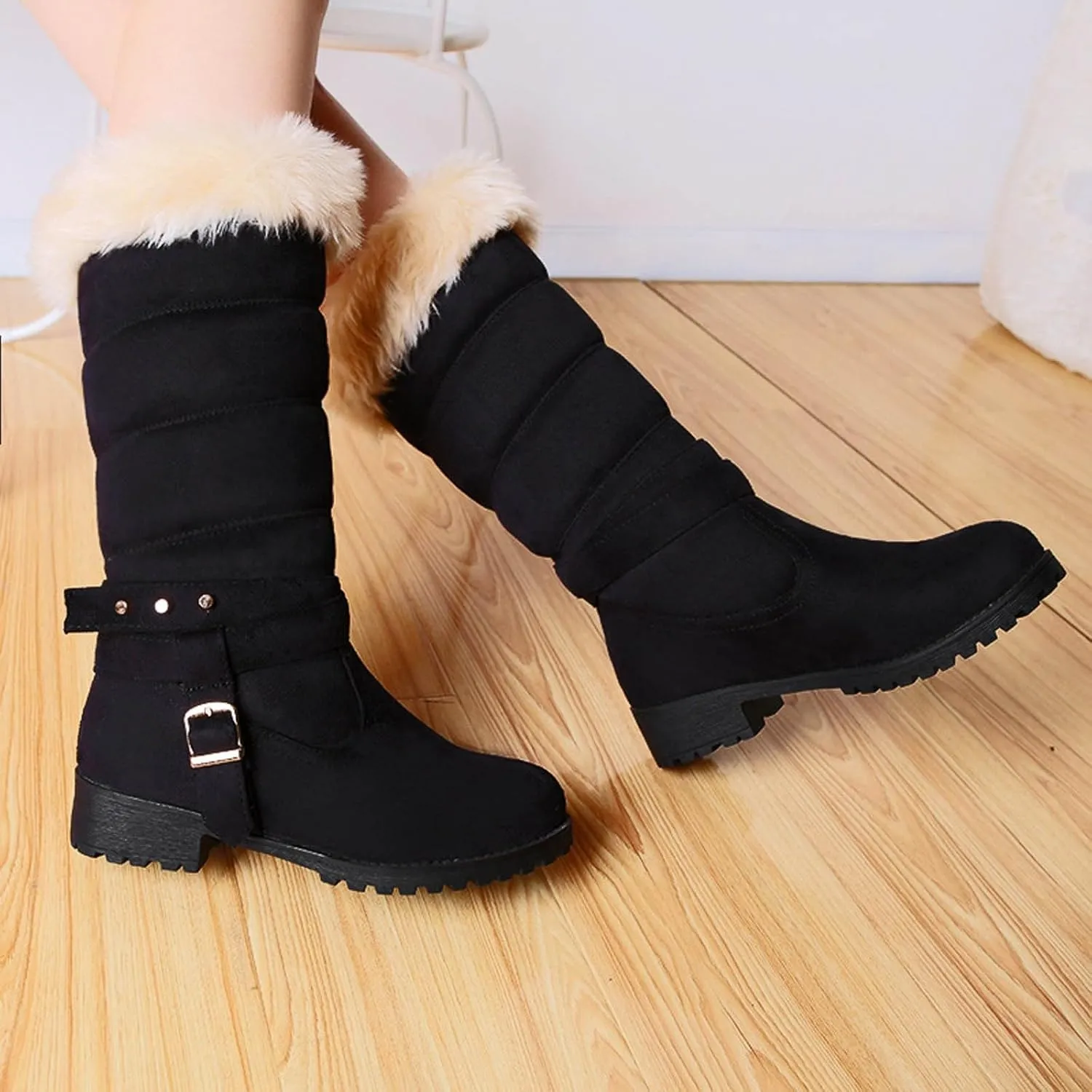 Snow Boots for Women Waterproof, Warm Fur Lining Mid Calf Boots Women Anti Slip Waterproof Hook Loop Comfortable Outdoor Boot Winter Fuzzy Snow Boots with Fur Lined
