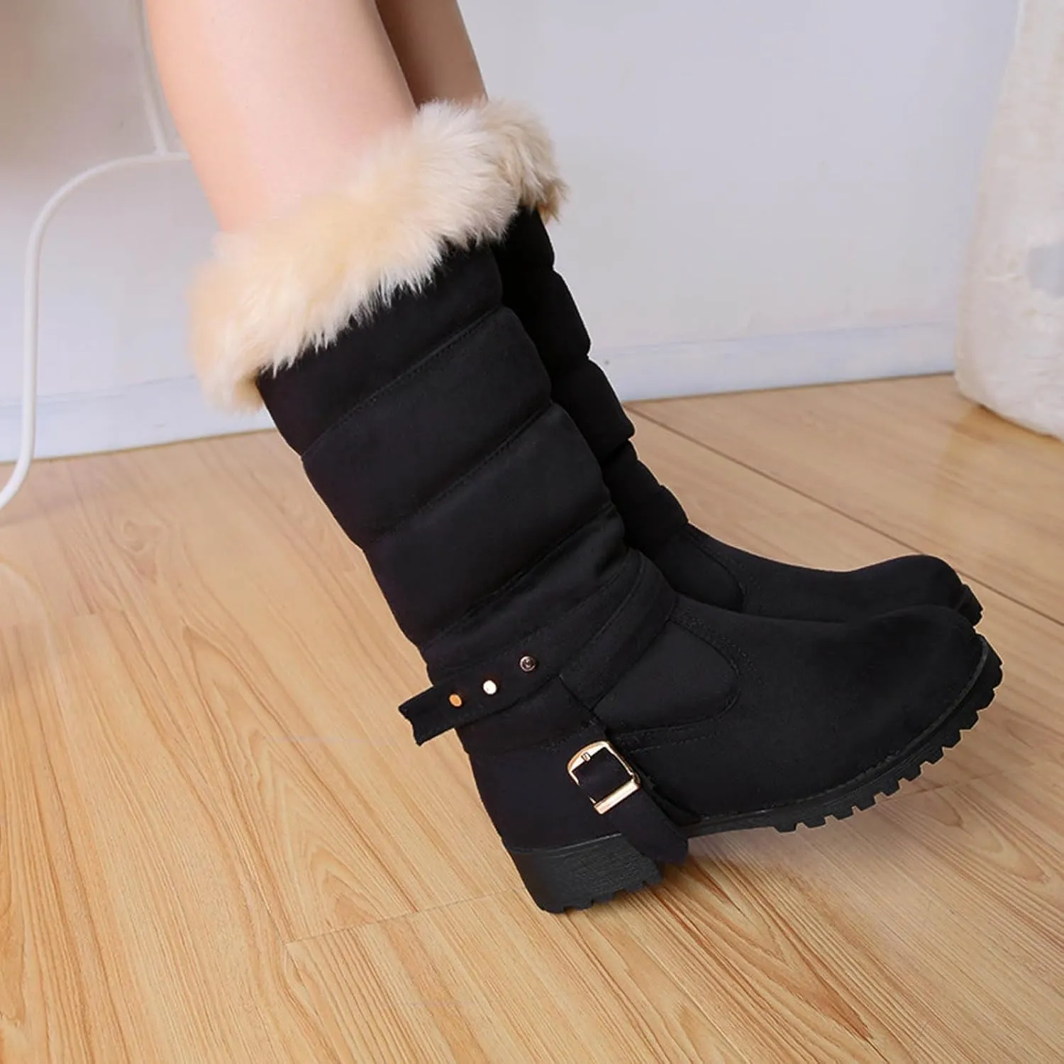 Snow Boots for Women Waterproof, Warm Fur Lining Mid Calf Boots Women Anti Slip Waterproof Hook Loop Comfortable Outdoor Boot Winter Fuzzy Snow Boots with Fur Lined