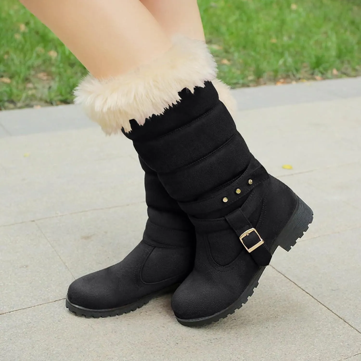 Snow Boots for Women Waterproof, Warm Fur Lining Mid Calf Boots Women Anti Slip Waterproof Hook Loop Comfortable Outdoor Boot Winter Fuzzy Snow Boots with Fur Lined