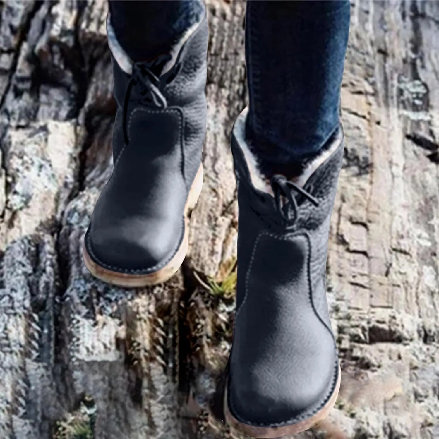 Waterproof Snow Boots for Women, Wide Width Ankle Boots Warm Insulated Faux Fur Lined Waterproof Lace Up Snow Boots Winter Fuzzy Snow Boots Short Ankle Boot with Fur Lined