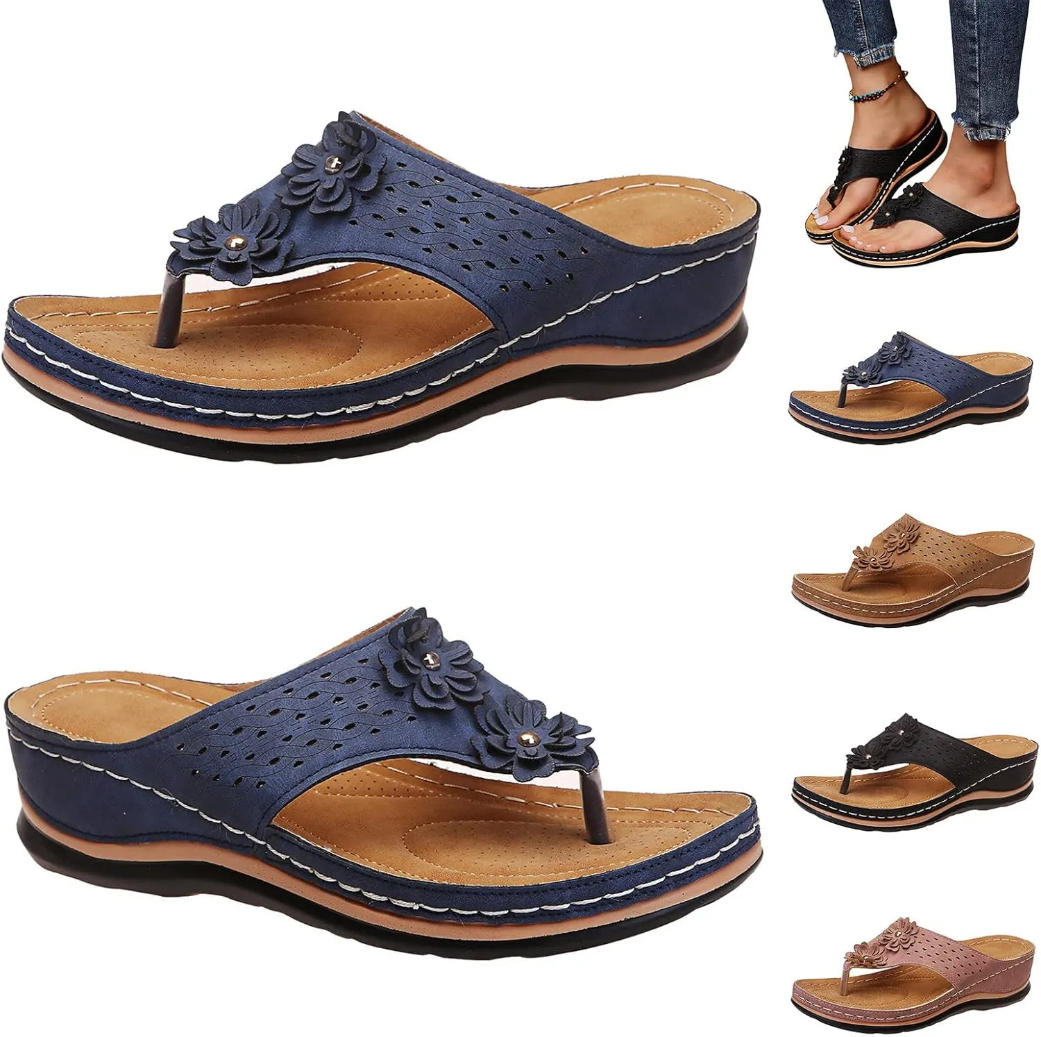 Womenyiaor Women's Orthopedic Arch Support Sandals - Summer Casual Flip Flops - Black